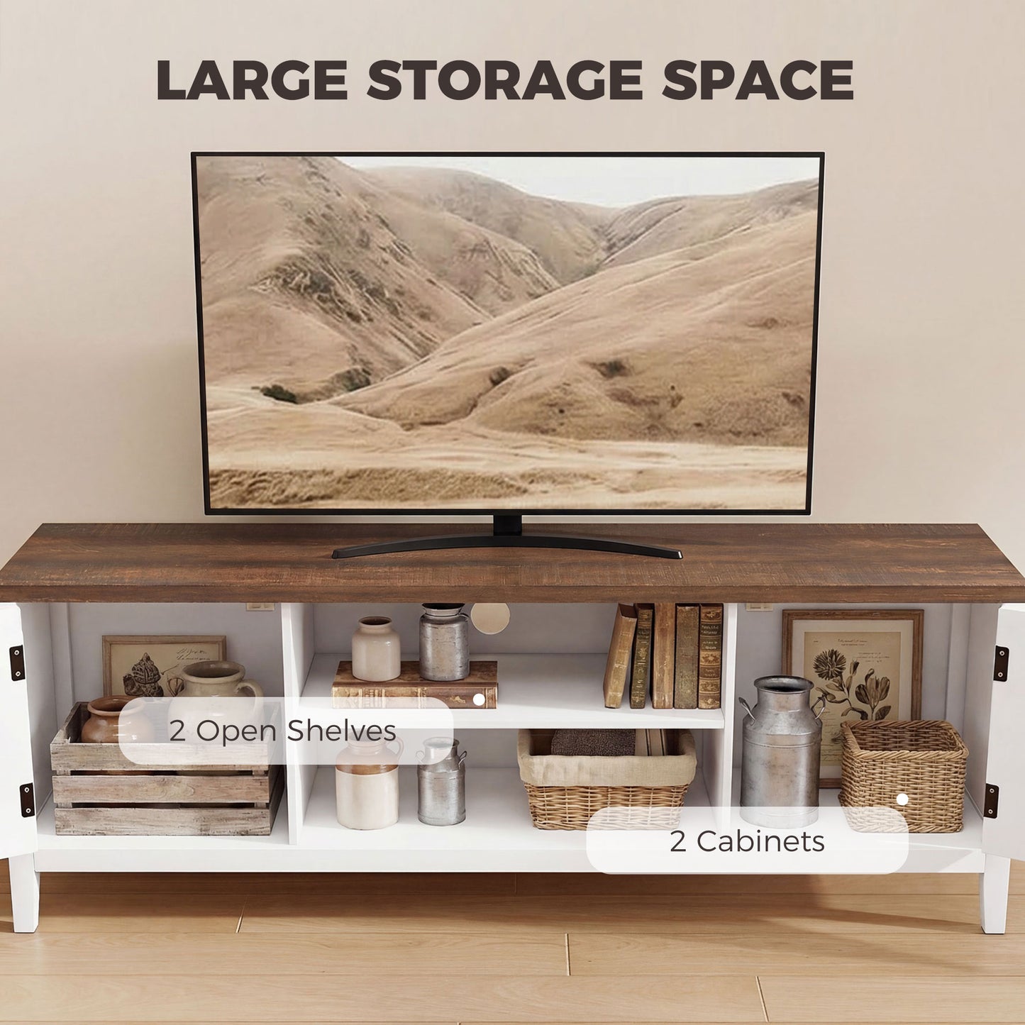 TV Stand for TVs up to 65 Inch, Entertainment Center with 2 Open Shelves, 2 Cabinets, Thick Top, White and Brown