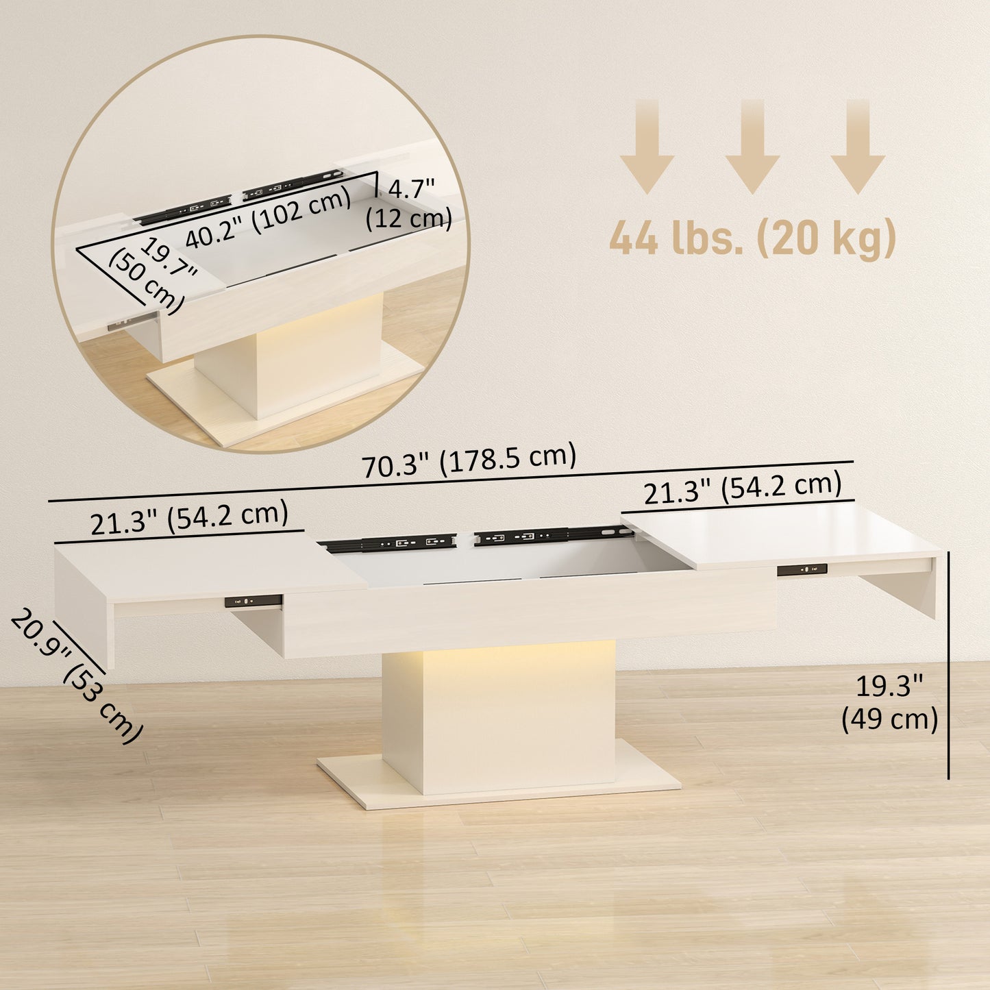 Extendable Coffee Table with LED Lights, Modern High Gloss Center Table with Hidden Storage for Living Room, White