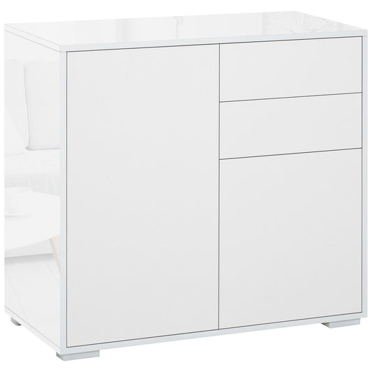 High Gloss Buffet Sideboard with 2 Drawers, 2 Doors and Adjustable Shelf, Kitchen Storage Cabinet with Push Open Design, White