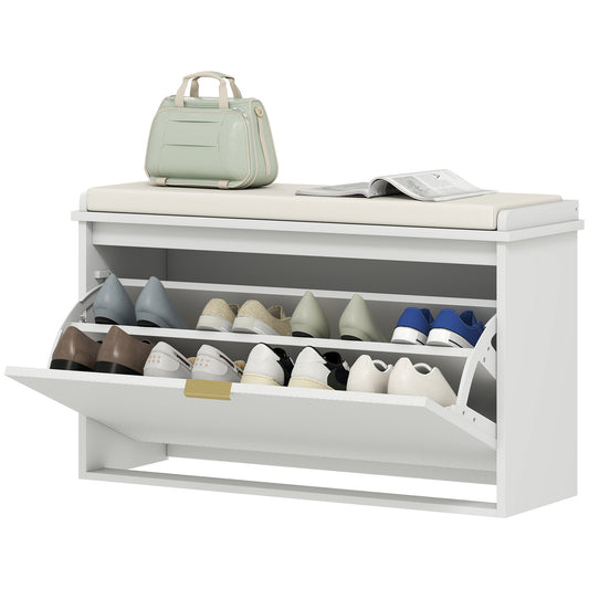 Entryway Bench with Padded Seat and Flip-Drawers, Holds up to 265lbs, Shoe Storage Bench for 8 Pairs of Shoes, White