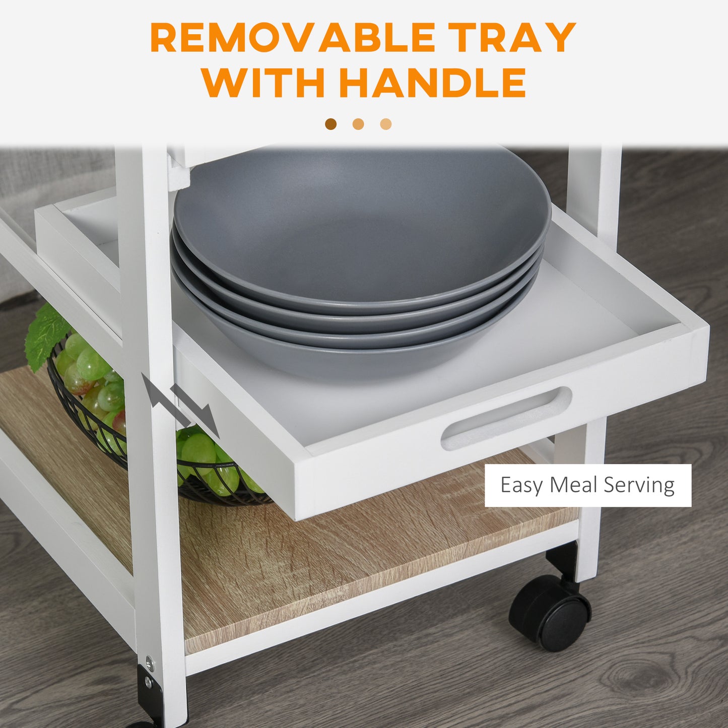 Rolling Kitchen Island Cart, Mobile Utility Storage Cart with Drawer, Wire Storage Basket, Removable Tray, White