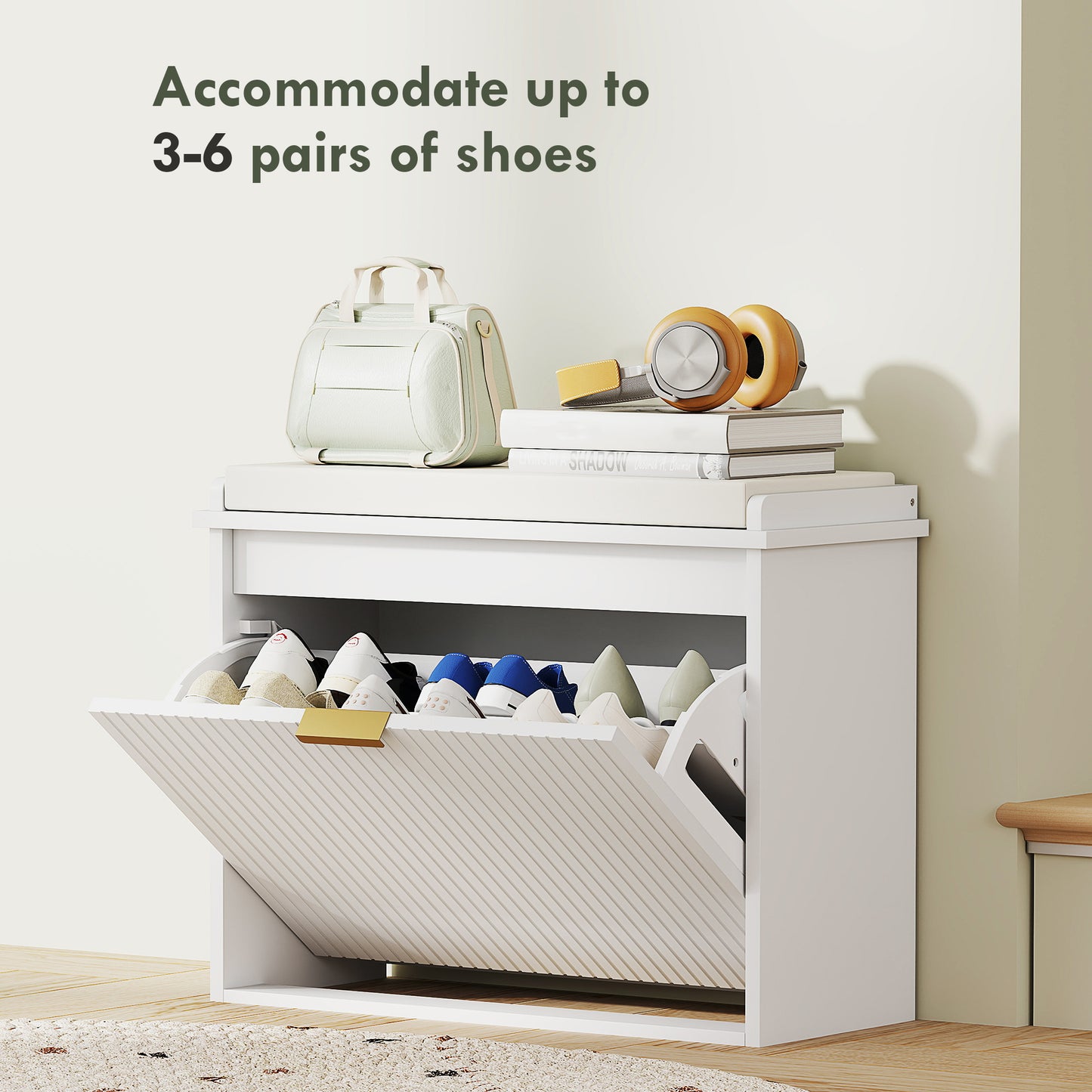 Entryway Bench with Padded Seat and Flip-Drawers, Holds up to 265lbs, Shoe Storage Bench for 6 Pairs of Shoes, White
