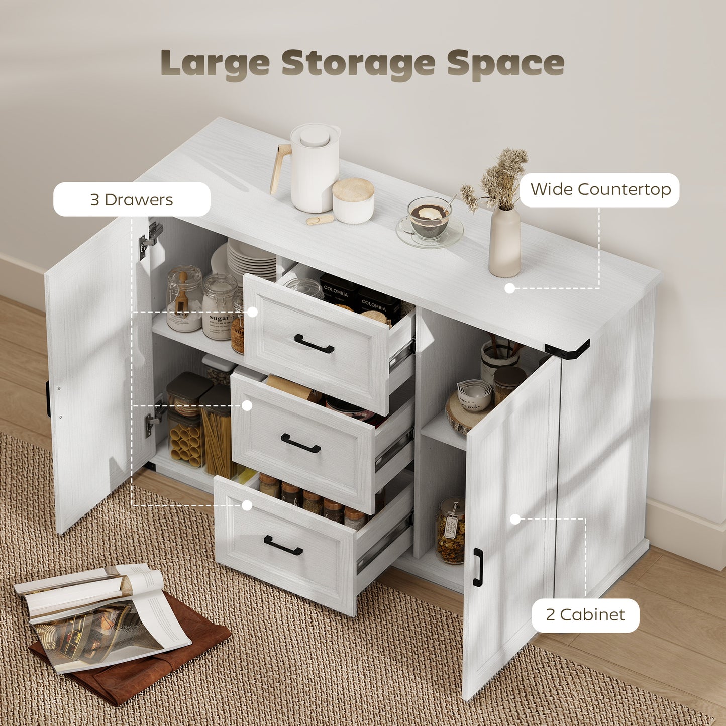 Sideboard with 3 Drawers and 2 Doors, 47" Buffet Cabinet with Adjustable Shelves for Kitchen, White Wood Grain