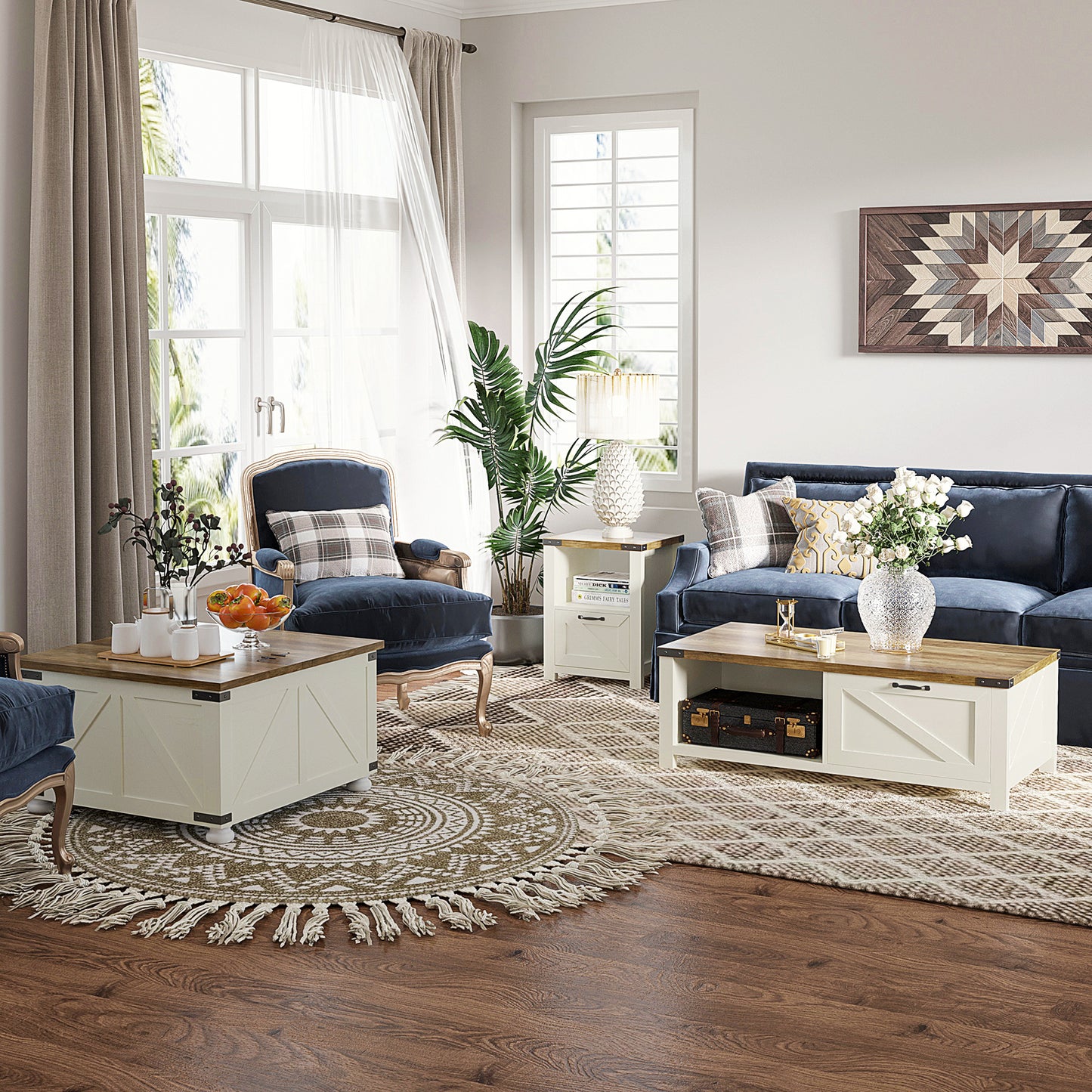 Farmhouse Coffee Table, Square Center Table with Flip-top Lids, Hidden Storage Compartment and Wooden Legs, Antique White