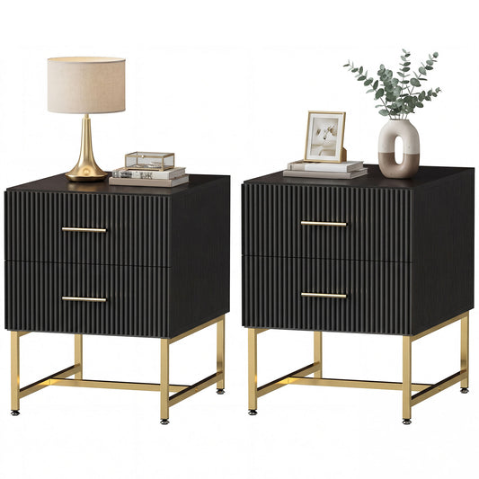 2 Pieces Nightstands with Storage, Modern Bedside Tables with 2 Fluted Drawers and Gold Legs for Bedroom, Black