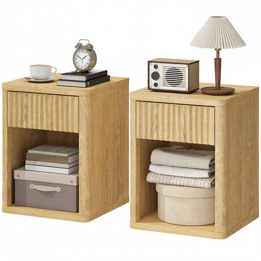 Nightstand with Drawer and Open Shelf, Modern Bedside Table Set of 2 for Bedroom Living Room, Oak
