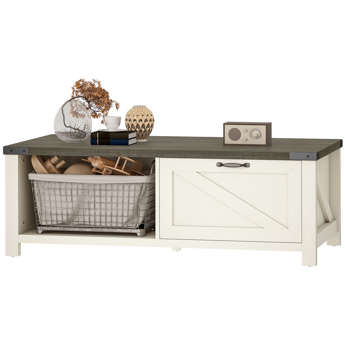 Farmhouse Coffee Table with Drawer, Open Storage Shelf for Living Room, Dining Room, Office, Distressed White