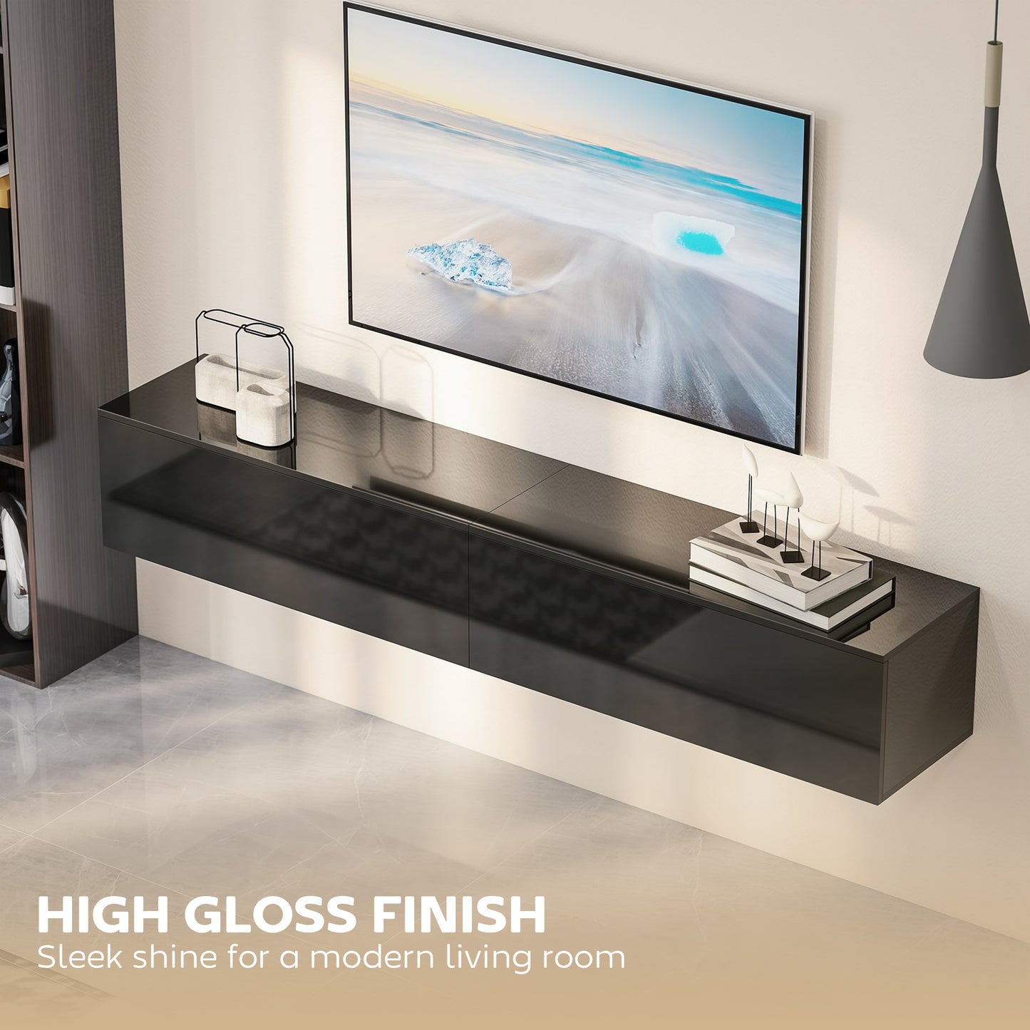 Floating TV Stand for TVs up to 75 Inch, 70.9" TV Cabinet, Entertainment Center with 2 Flip Doors, High Gloss Black