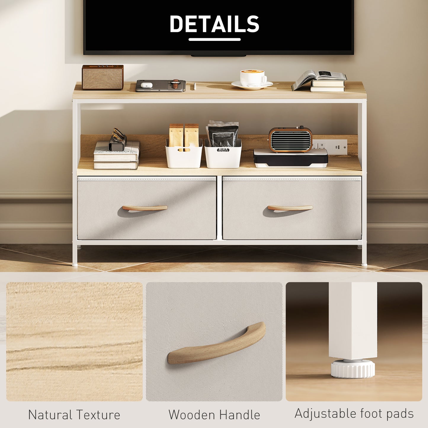 TV Stand with Charging Station, TV Table with 2 Foldable Linen Drawers and Open Shelf for 47 Inch TV, Oak