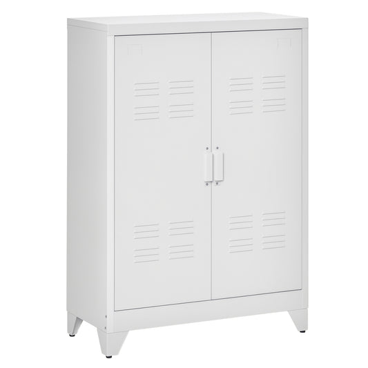 Metal Storage Cabinet, Industrial Sideboard Buffet Cabinet with 2 Louvered Doors, Adjustable Shelves, White
