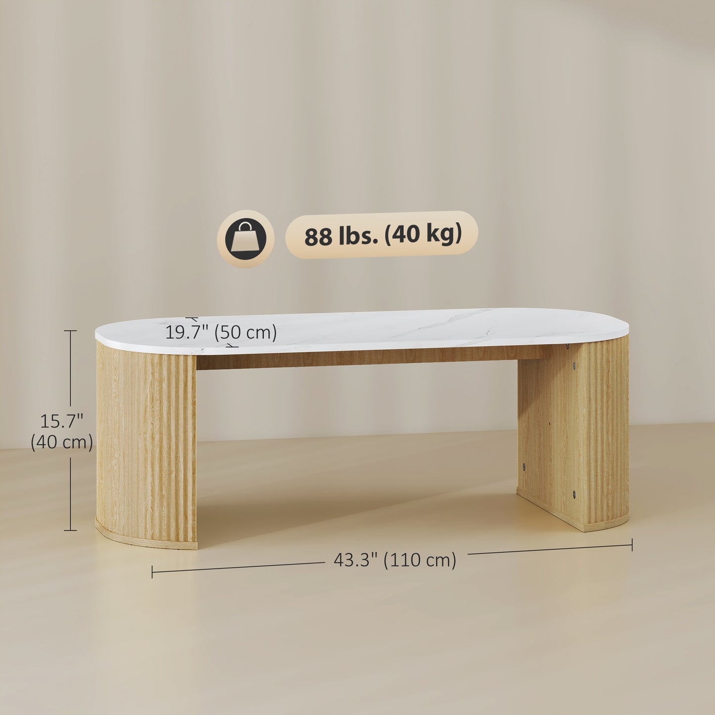 Coffee Table, Modern Marble-Effect Living Room Table with Round Corners and Thicken Legs, Natural Wood
