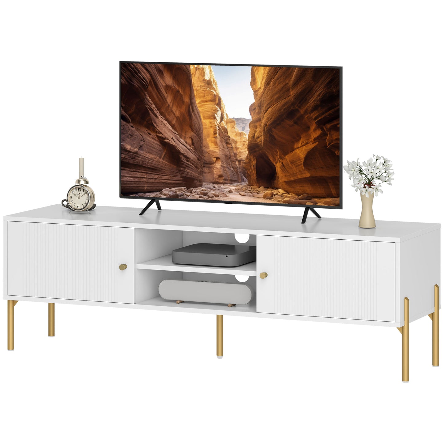 TV Stand for TVs up to 65", Entertainment Center with 2 Open Shelves, 2 Cabinets and Steel Legs for Living Room, White