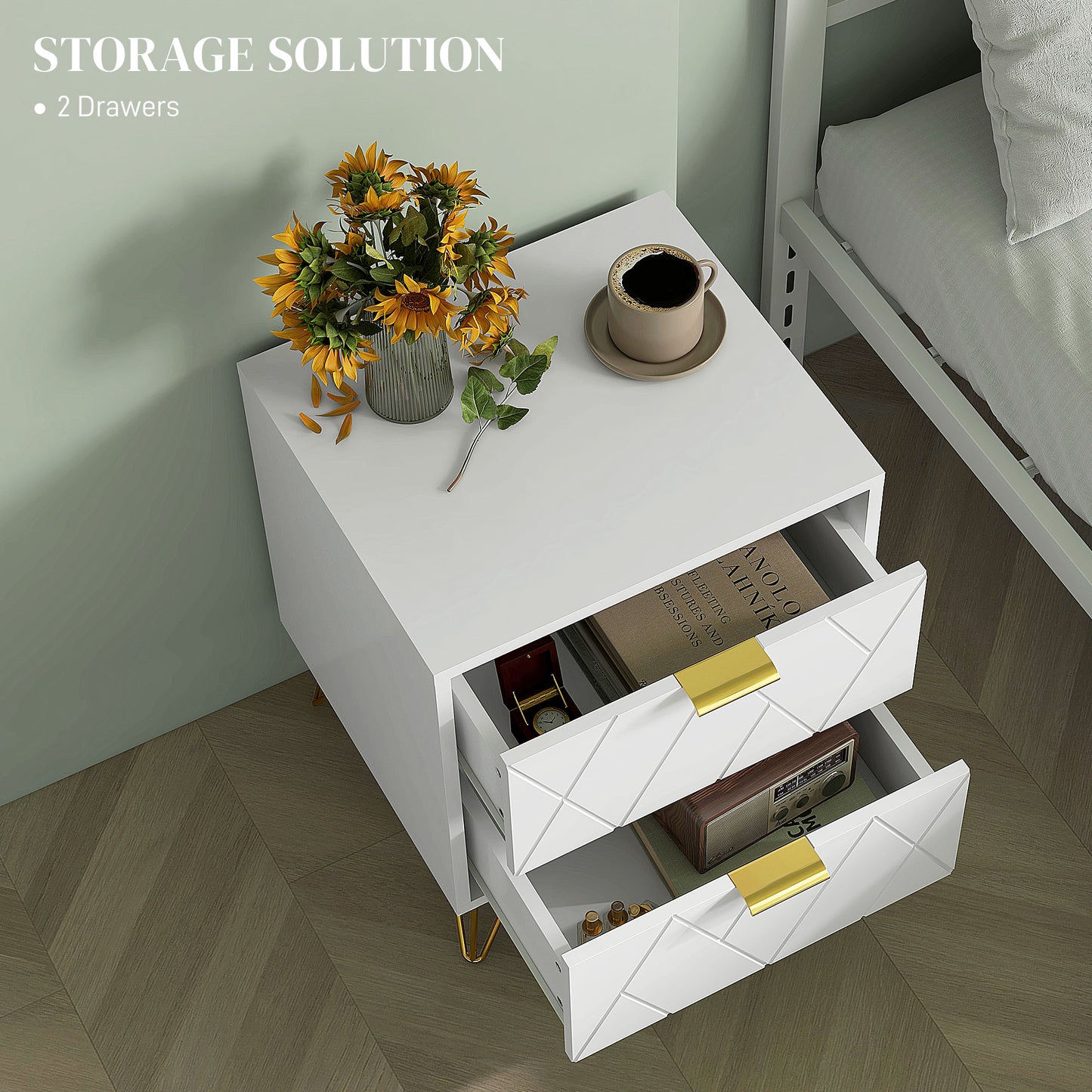 Modern Bedside Table, Accent Nightstand with 2 Drawers, Bed End Table for Bedroom, Living Room, White