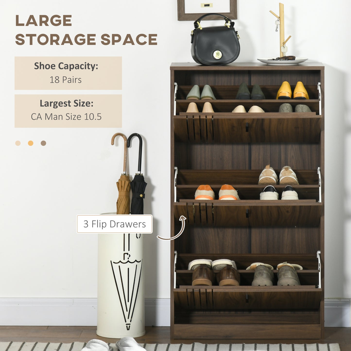 Shoe Storage Cabinet Organizer for 18 Pairs of Shoes with 3 Flip Drawers and Adjustable Shelves, Walnut