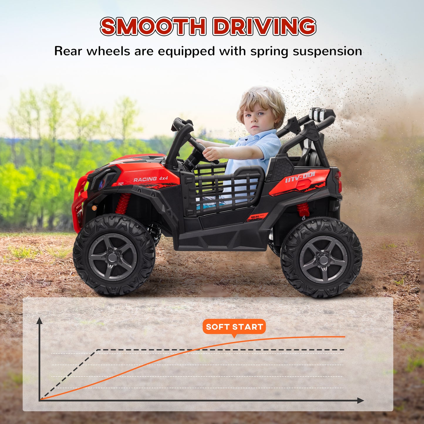Qaba 2 Seater 24V Electric Car for Kids w/ Remote Control, 3 Speed, LED Lights, Music, Horn, Spring Suspension, Red