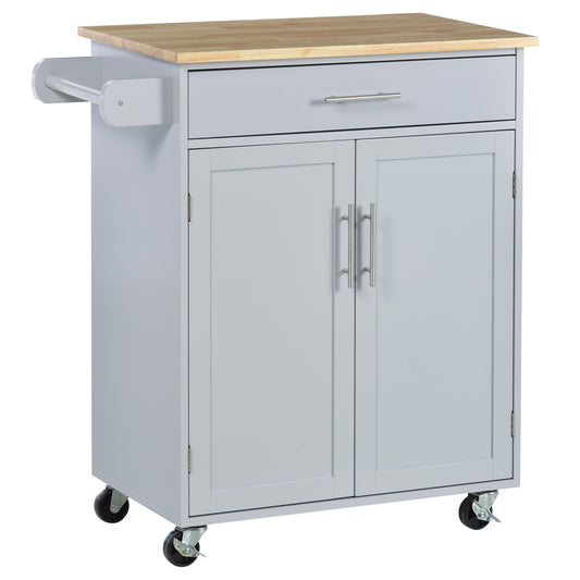 Rolling Kitchen Island Cart with Wood Top, Enough Storage Drawer Space with Towel Bar Rack Shelves, Portable Kitchen Utility Serving Cart Trolley on Wheels (Grey)
