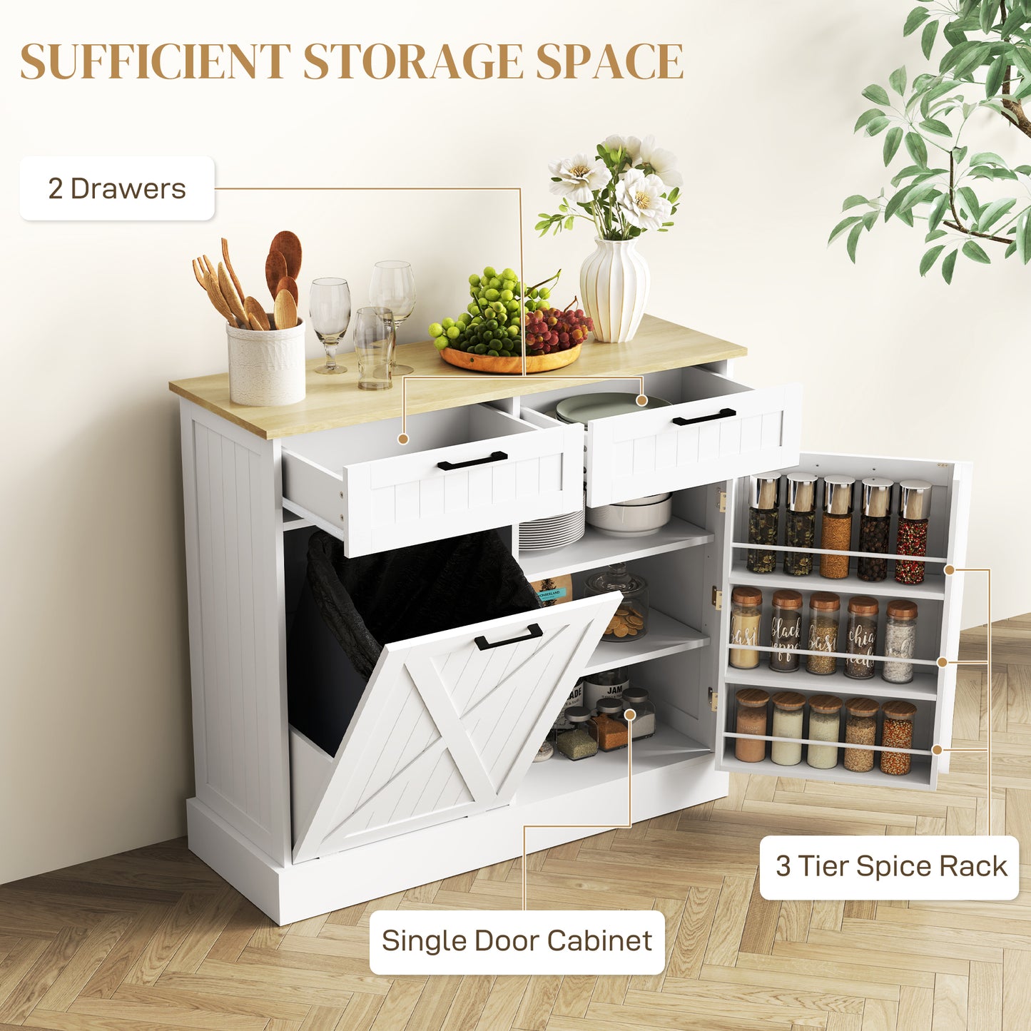 10 Gallon Hidden Garbage Bin Cabinet, Tilt Out Trash Cabinet w/ 2 Drawers, Freestanding Kitchen Island, White