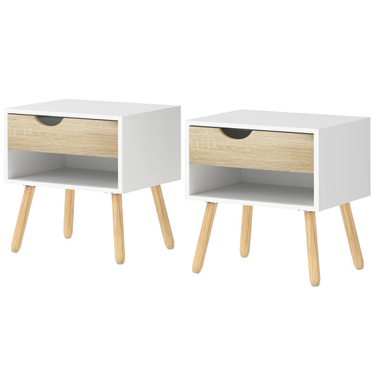 Set of 2 Bedside Table with Drawer and Shelf, Modern Nightstand with Wooden Legs, End Table for Bedroom, White