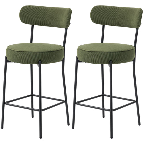 Set of 2 Barstools, Upholstered Corduroy Bar Stools with Backrest, Footrest for Kitchen Island, Dining Room, Green