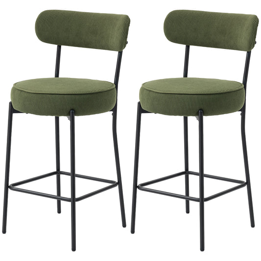 Set of 2 Barstools, Upholstered Corduroy Bar Stools with Backrest, Footrest for Kitchen Island, Dining Room, Green