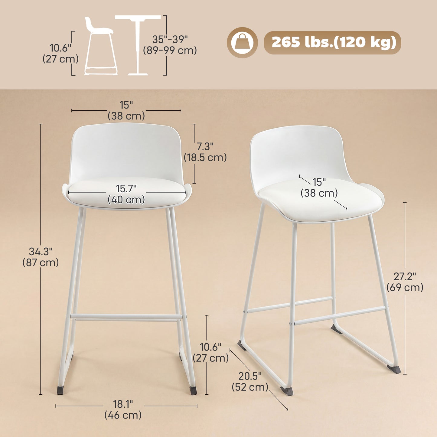 Modern Bar Stools Set of 2, PU Leather Barstools, Counter Height Kitchen Chairs for Breakfast Bars, Dining Room, White