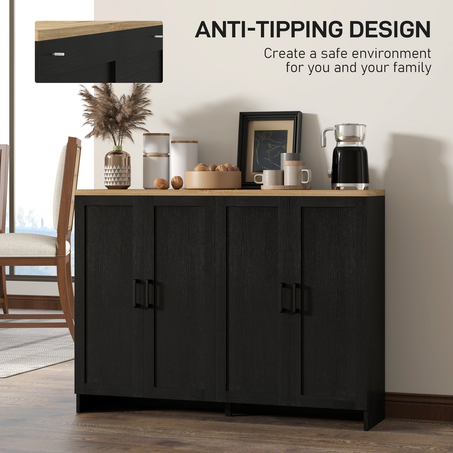 Modern Sideboard Buffet Cabinet, Modern Kitchen Storage Cabinet with 4 Doors Adjustable Shelves, for Dining Room, Black