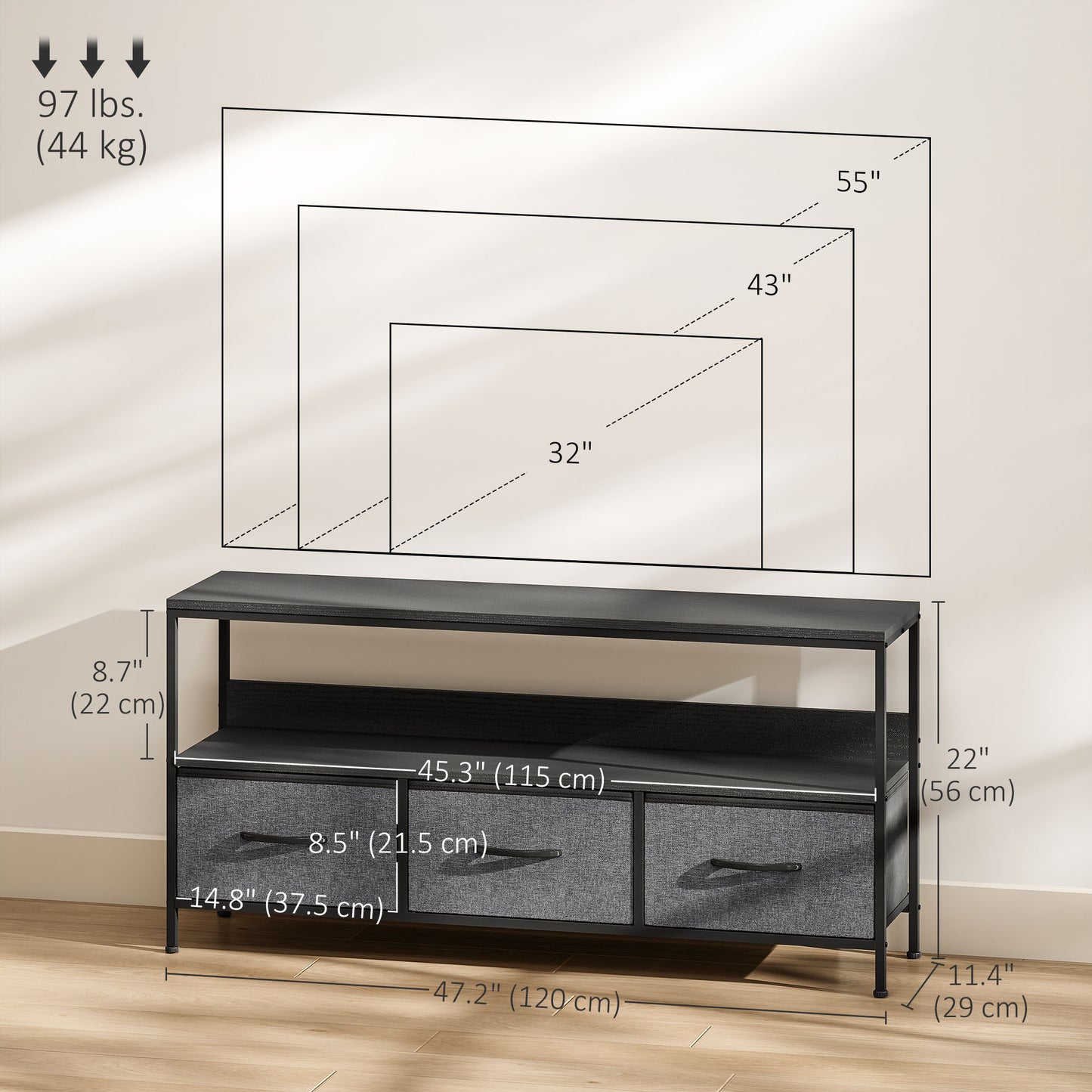 TV Stand with Charging Station, TV Table with 3 Foldable Linen Drawers and Open Shelf for 55 Inch Television, Black