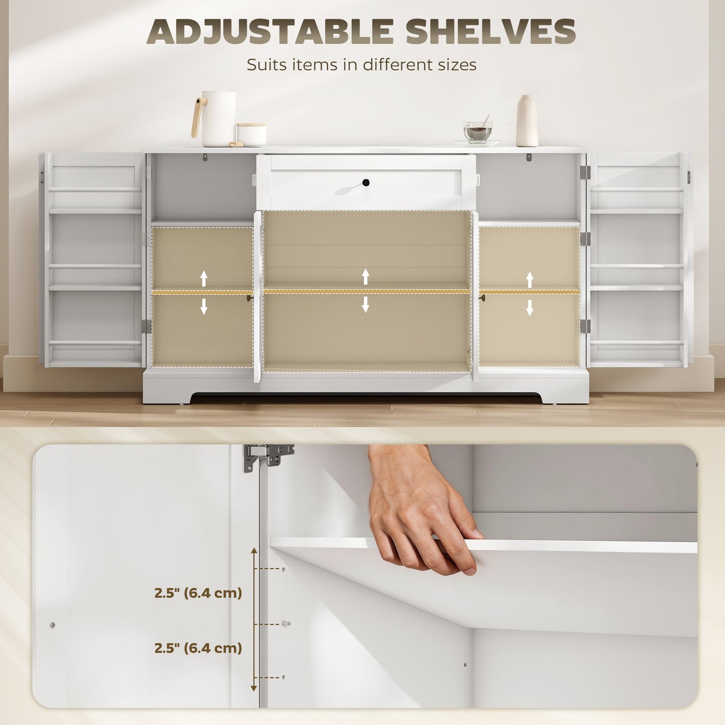 55" Modern Kitchen Storage Cabinet with Drawer, Adjustable Shelves, Small Kitchen Pantry with Door Racks, White