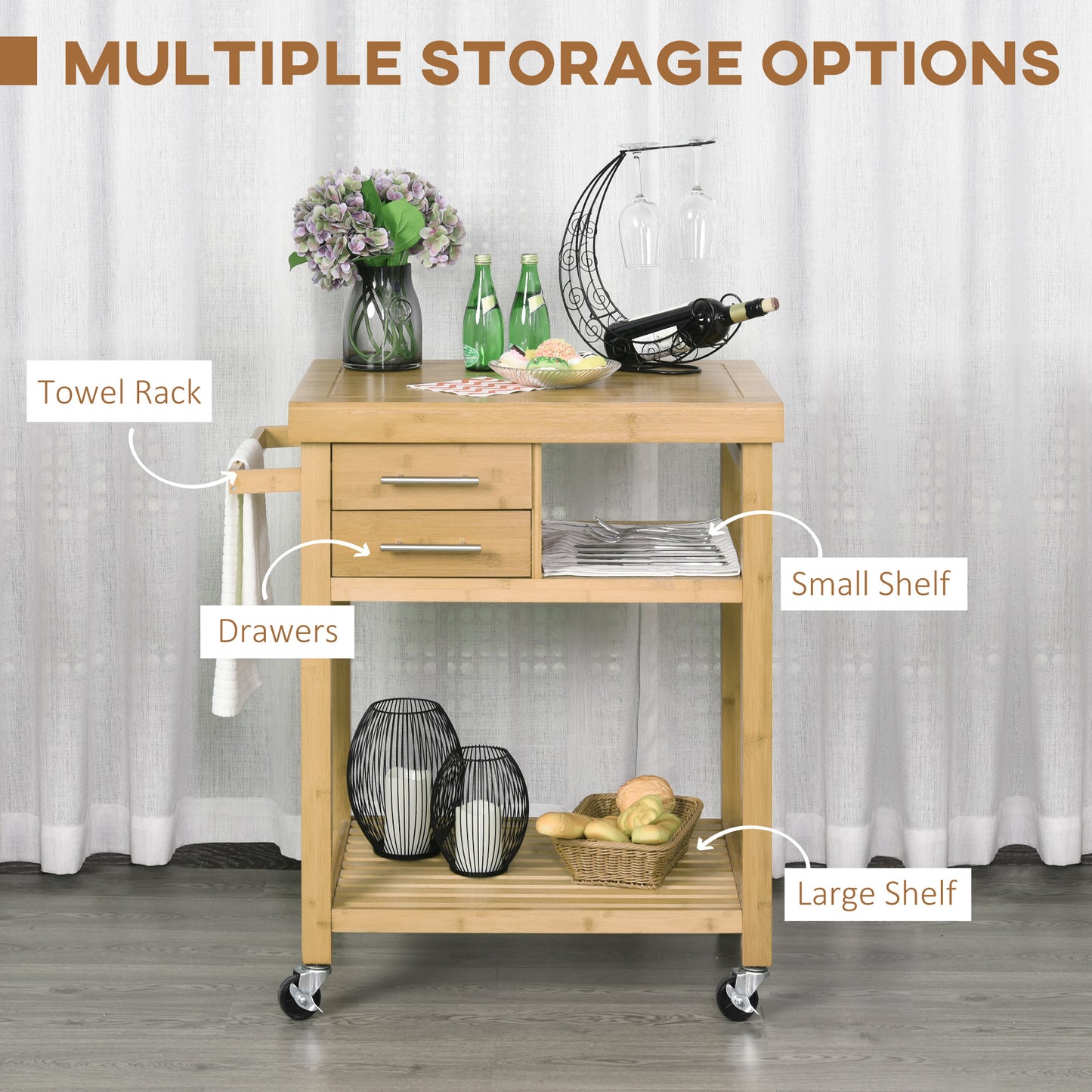 Bamboo Rolling Kitchen Island Trolley with Drawers & Shelves