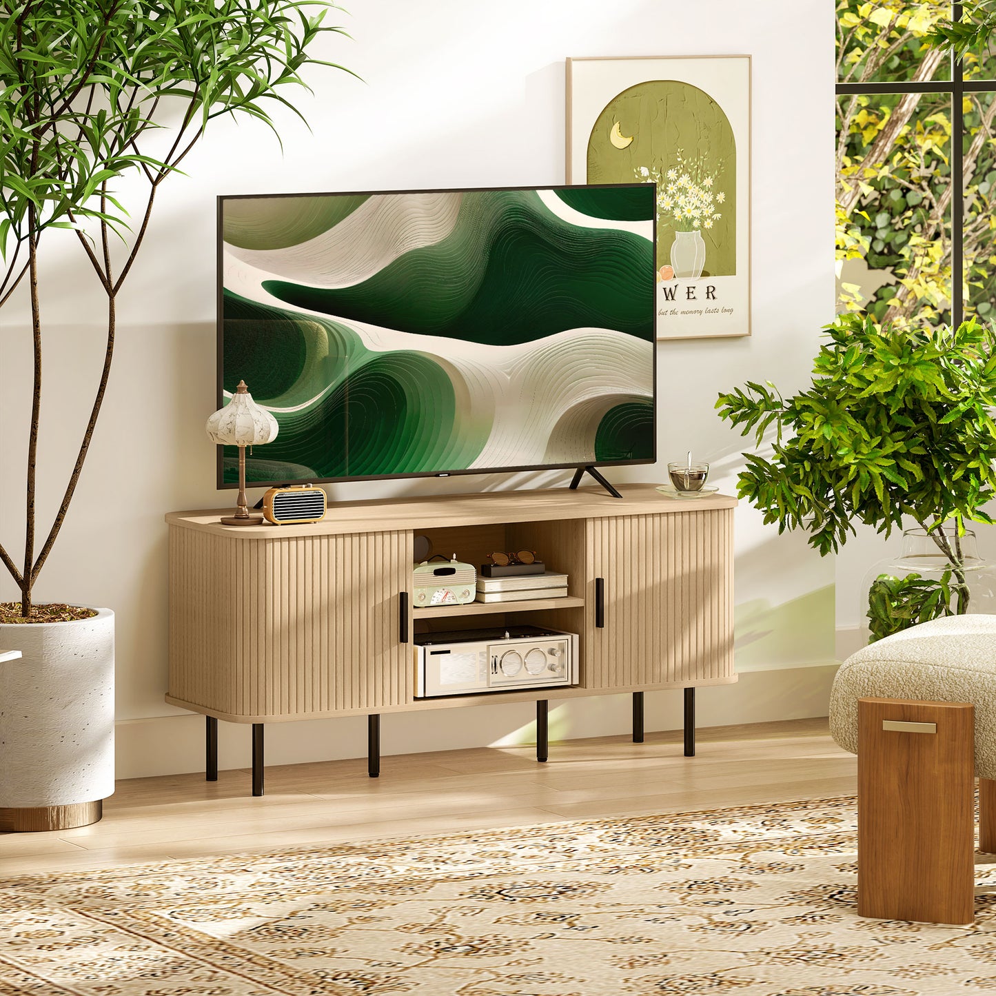 TV Stand Cabinet for TVs up to 55 Inches, TV Unit with Storage Shelves and Cabinets for Living Room, Oak Tone