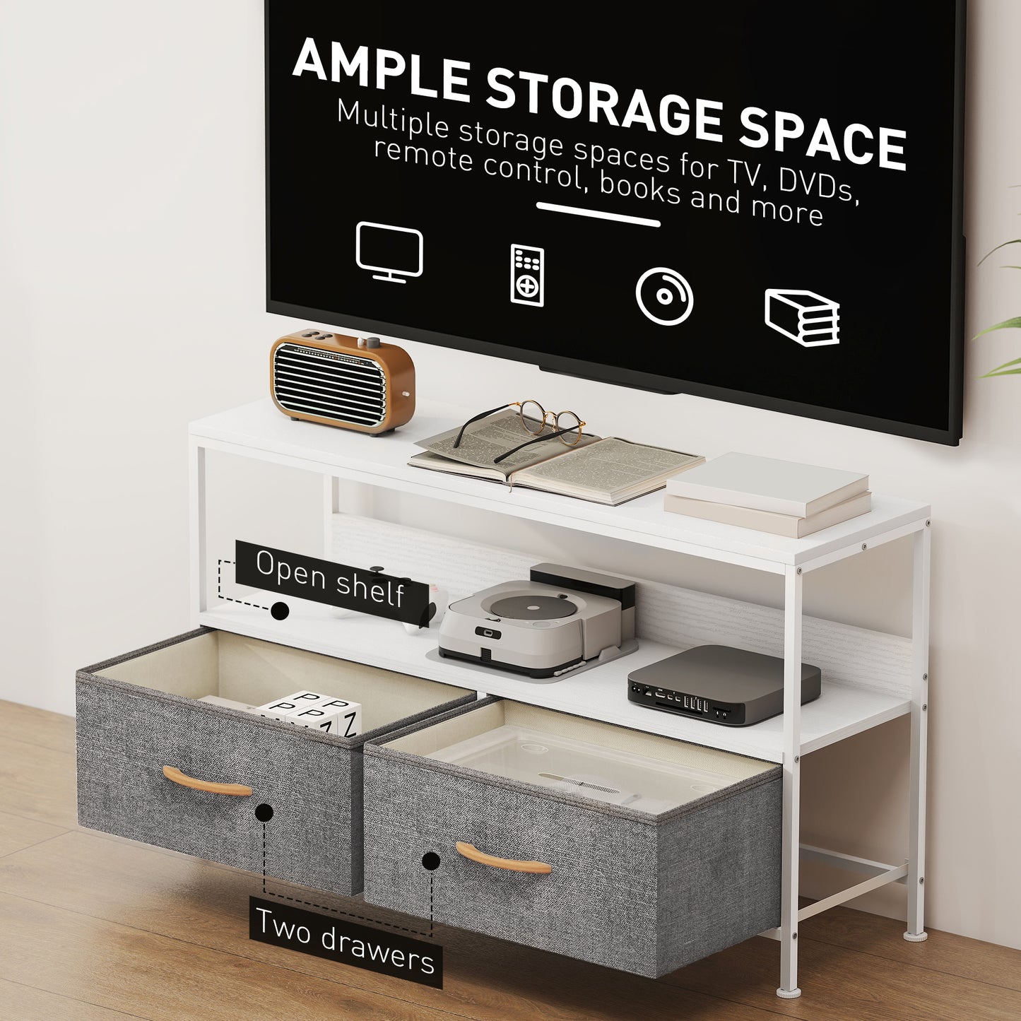 TV Stand with Charging Station, TV Table with 2 Foldable Linen Drawers and Open Shelf for 47 Inch Television, White