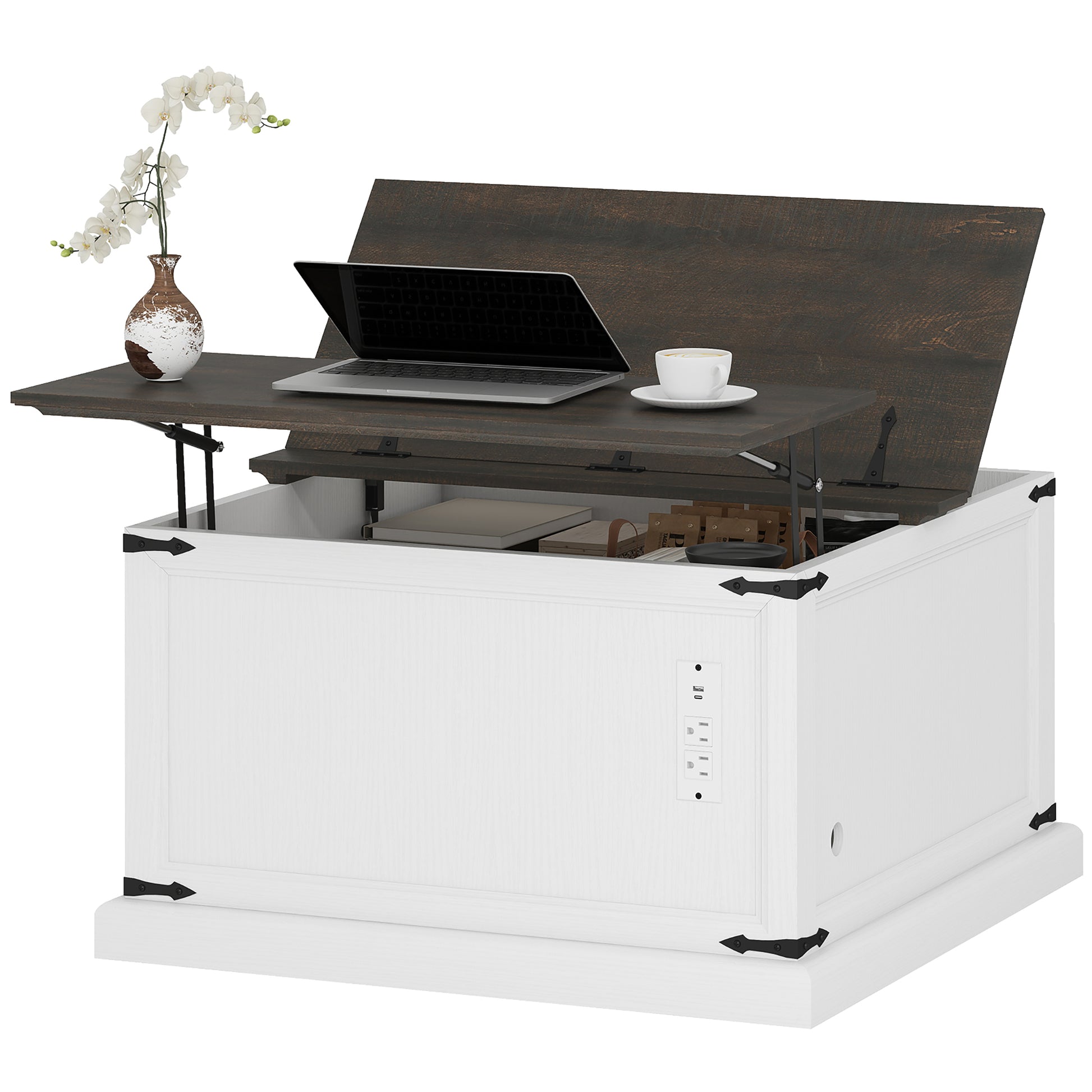 Lift Top Coffee Table with Charging Station, Square Farmhouse Center Table with Hidden Storage, White Wood Grain