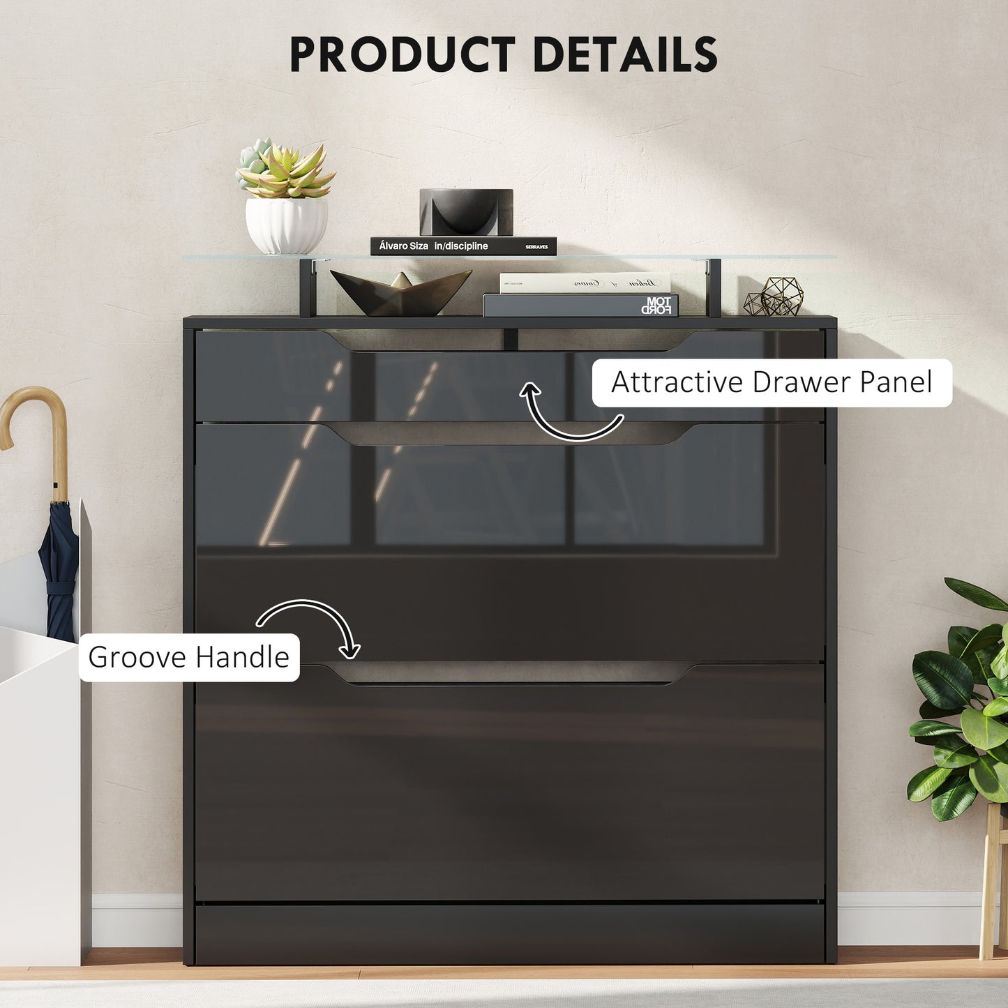 High Gloss Shoe Cabinet with 2 Flip Drawers and Adjustable Shelves, Narrow Shoe Storage Cabinet with Glass Top, Black