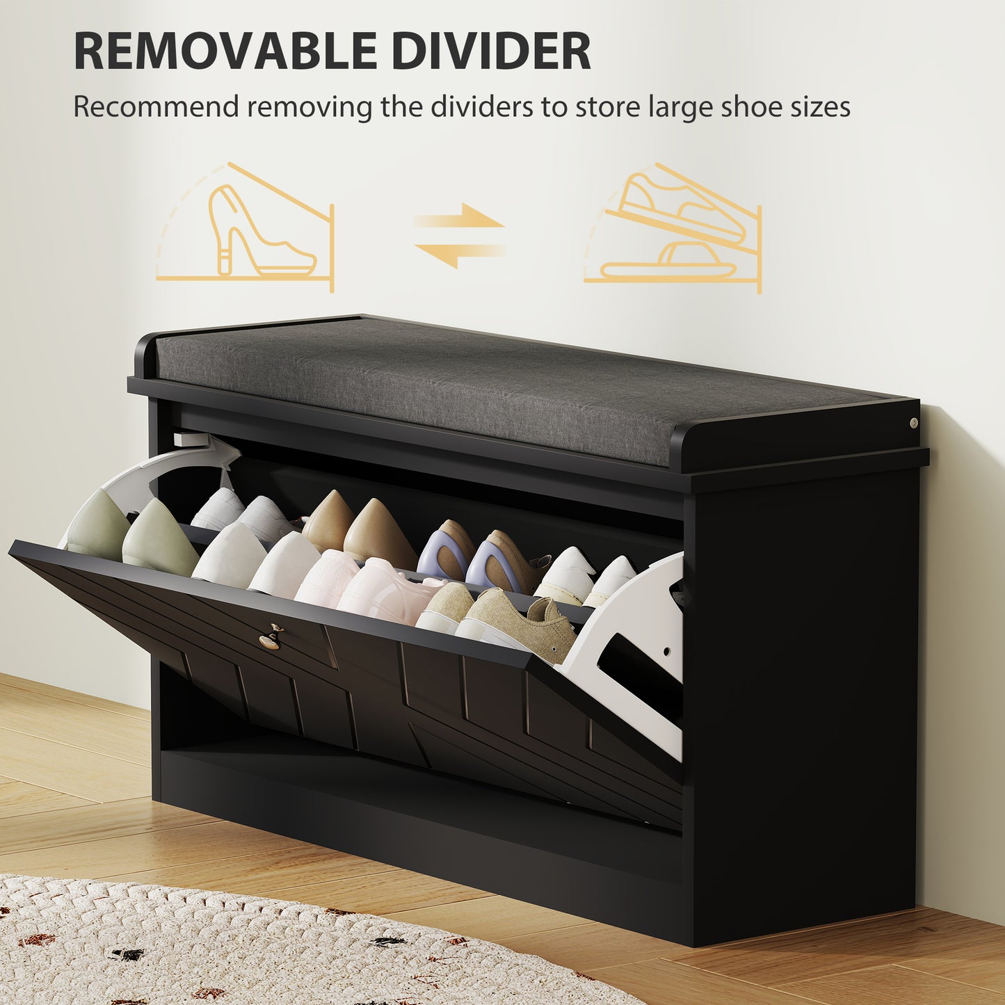 Shoe Storage with Seat, Upholstered Hallway Bench, Shoe Bench with Flip Drawer, Adjustable Shelf for 6-8 Pairs of Shoes