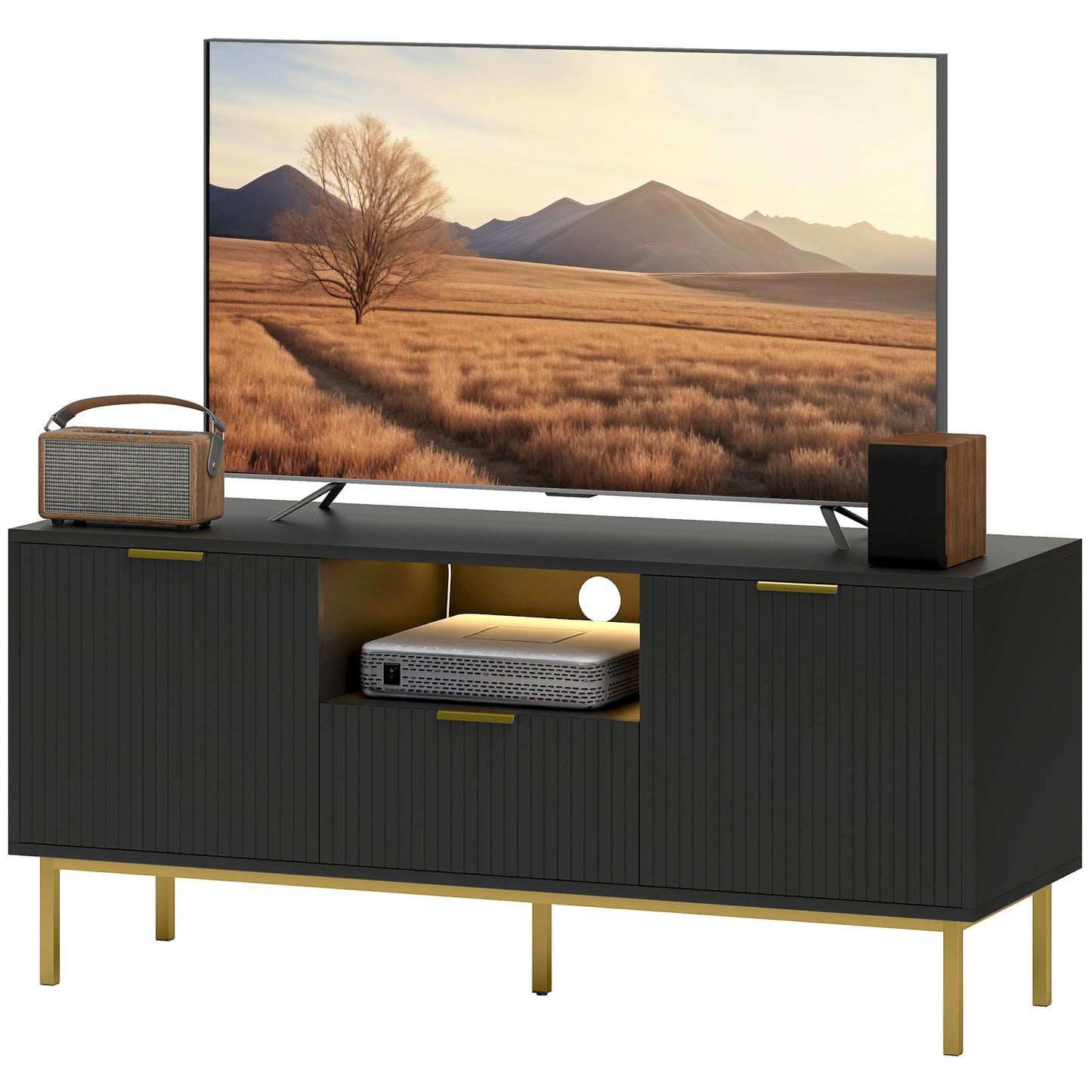 Modern TV Console for TVs up to 50 Inch, Entertainment Center with Smart RGB LED Lights and Soft Close Doors, Black