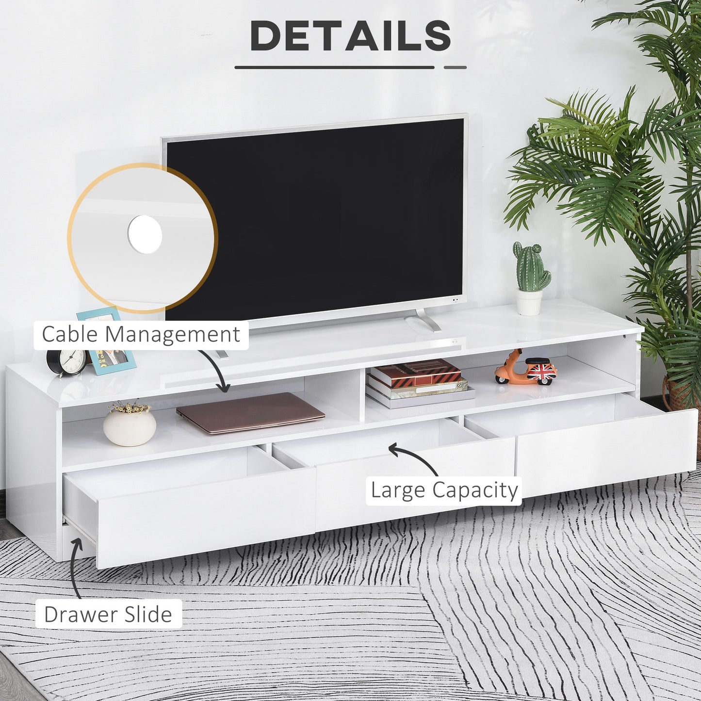 LED Lighted TV Stand for TVs up to 75", Modern TV Cabinet with Storage Drawers for Living Room, High Gloss White