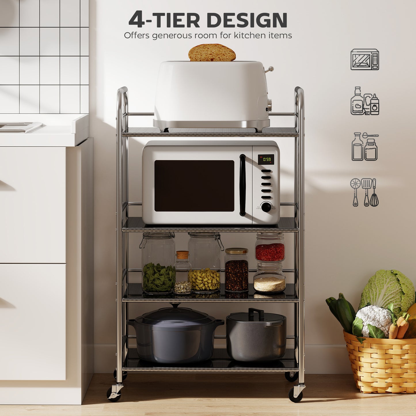 4 Tier Stainless Steel Rolling Cart with Adjustable Shelves, Utility Cart on Wheels with Handles for Kitchen, Silver