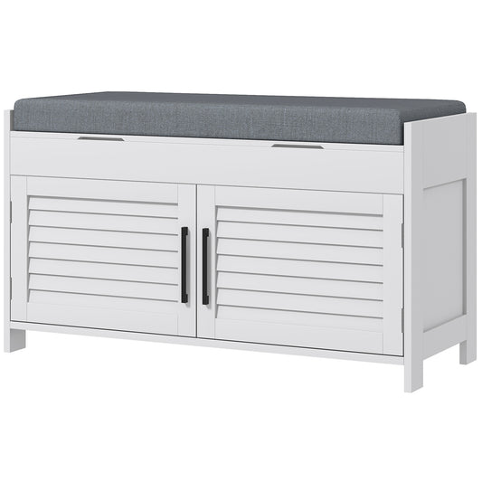 Entryway Bench with Cushion, Hidden Storage, Adjustable Shelves and Shutter Doors, 35.4" Shoe Bench, White