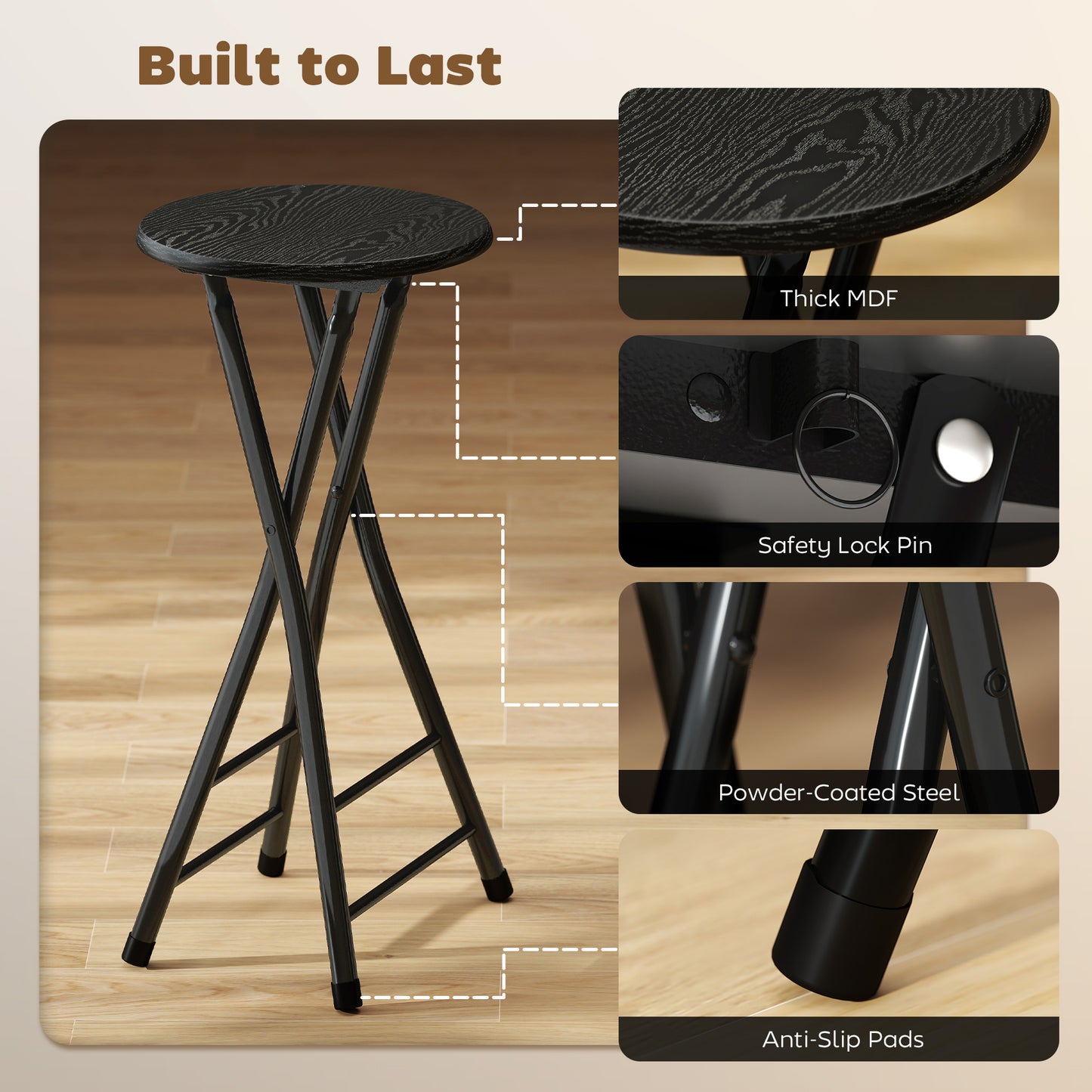 Set of 2 Foldable Barstools, Counter Height Bar Stools with Footrest and Steel Legs for Kitchen Island, Black
