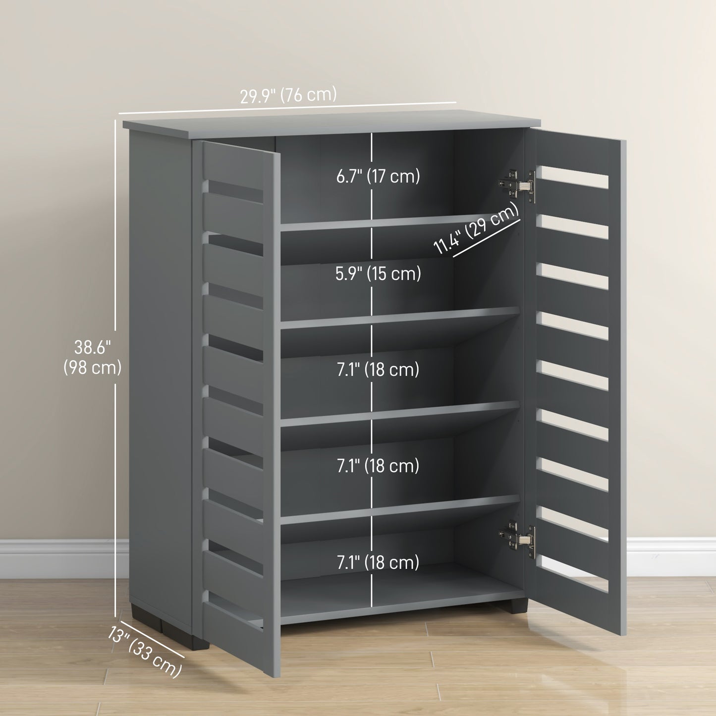 Shoe Storage Cabinet, Shoe Cabinet with 2 Slatted Doors for 15 Pairs of Shoes, Dark Grey