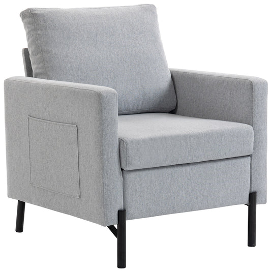 Accent Chair Modern Upholstered Armchair with Side Pockets and Cushion for Bedroom, Living Room, Light Grey