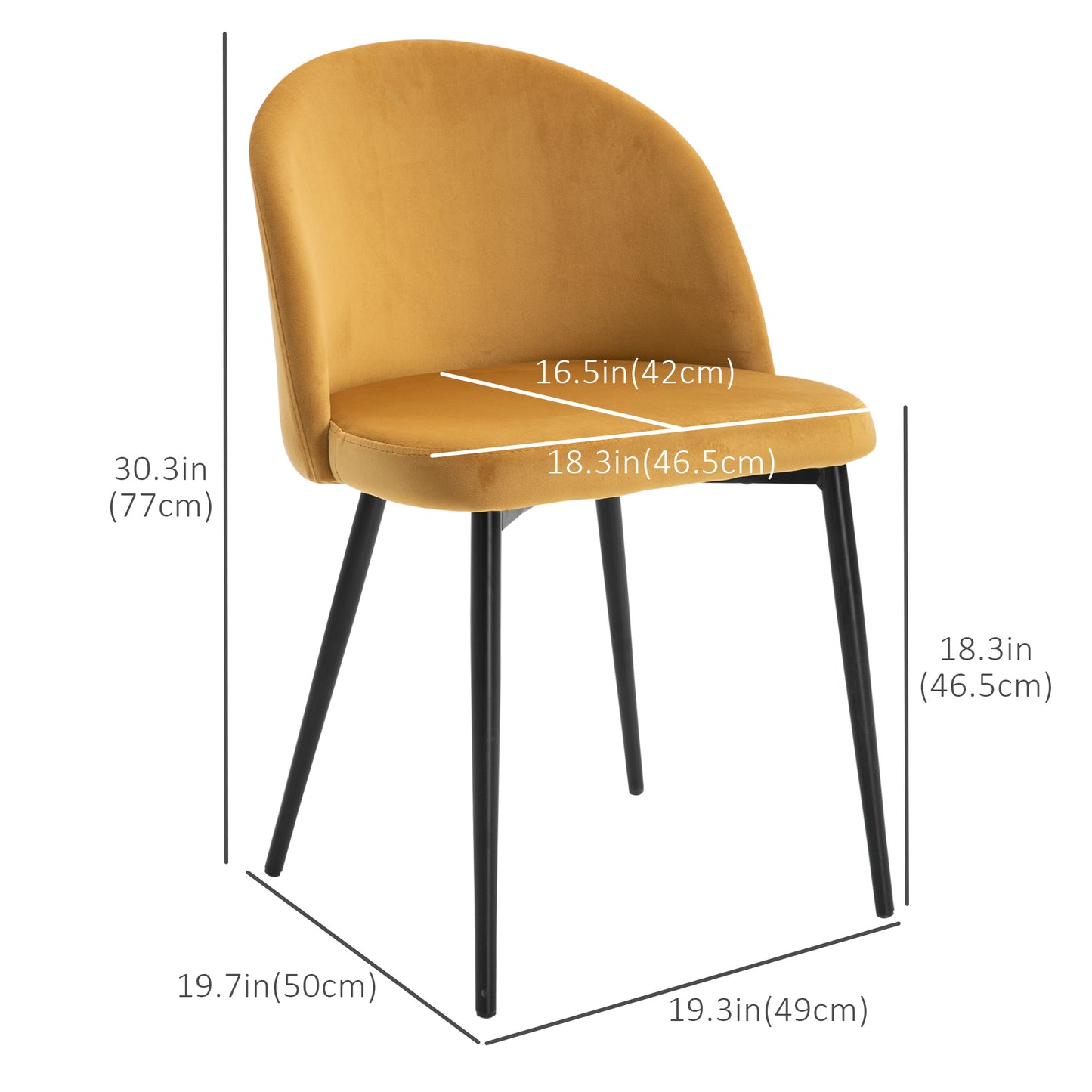 Set of 2 Mid-Back Dining Chair, Mid-Back Velvet-touch Upholstery Kitchen Chair for Living Room Dining Room, Yellow