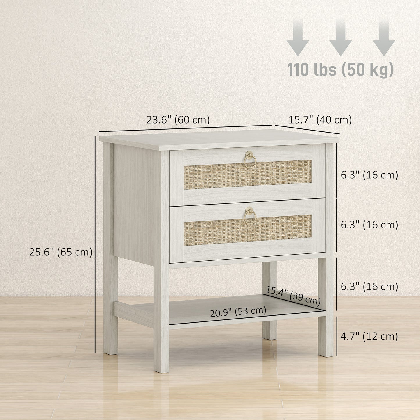 Set of 2 Boho Bedside Tables, Rattan Nightstands with 2 Drawers, Storage Shelf, End Side Tables for Bedroom, White Oak