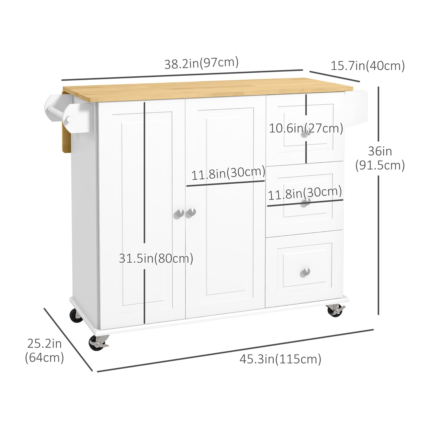 Kitchen Island on Wheels, Kitchen Cart with Drop Leaf, Drawers, Storage Racks, Rubberwood Top, White