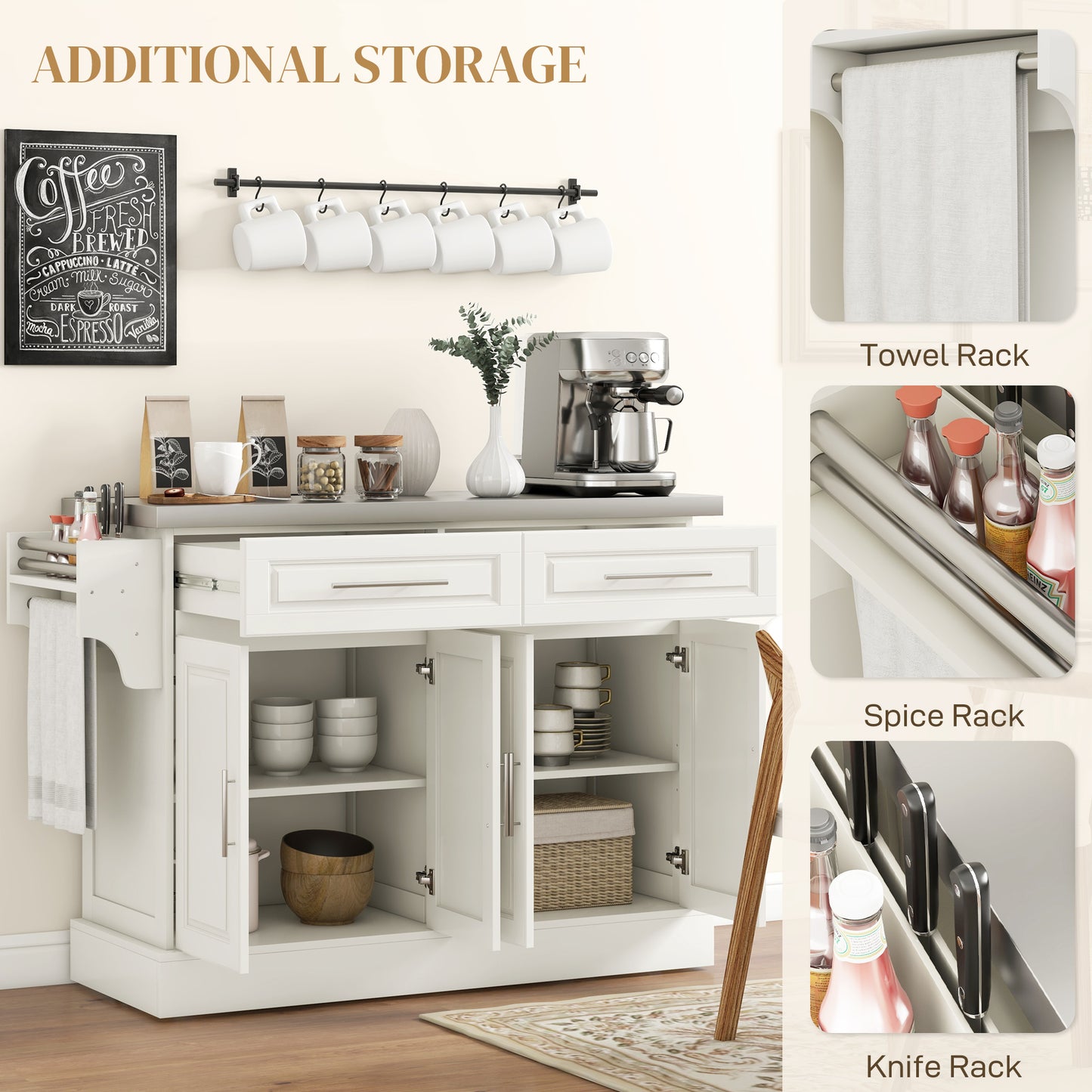 Rolling Kitchen Island with Storage and Stainless Steel Top, Kitchen Trolley with Drawers, Cabinets, Towel Rack, Cream