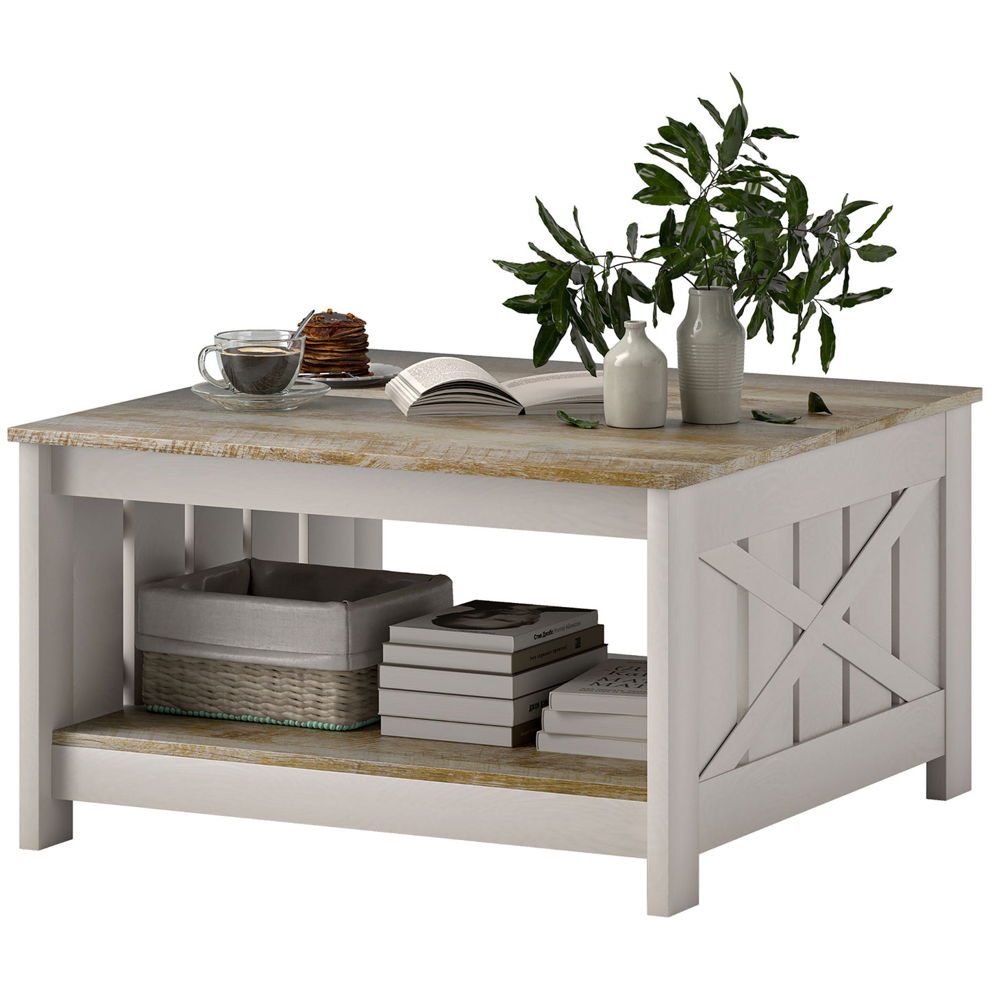 31.5" Square Coffee Table, Farmhouse 2-Tier Center Table for Living Room, Distressed Oak and Brown
