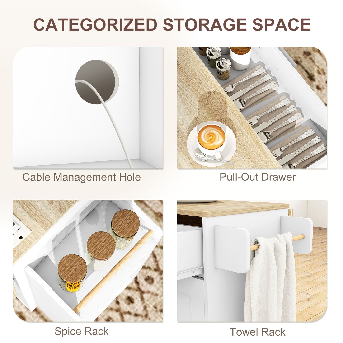 Kitchen Island with Storage, Rolling Kitchen Cart with Foldable Drop Leaf, Power Outlet and USB Ports, White