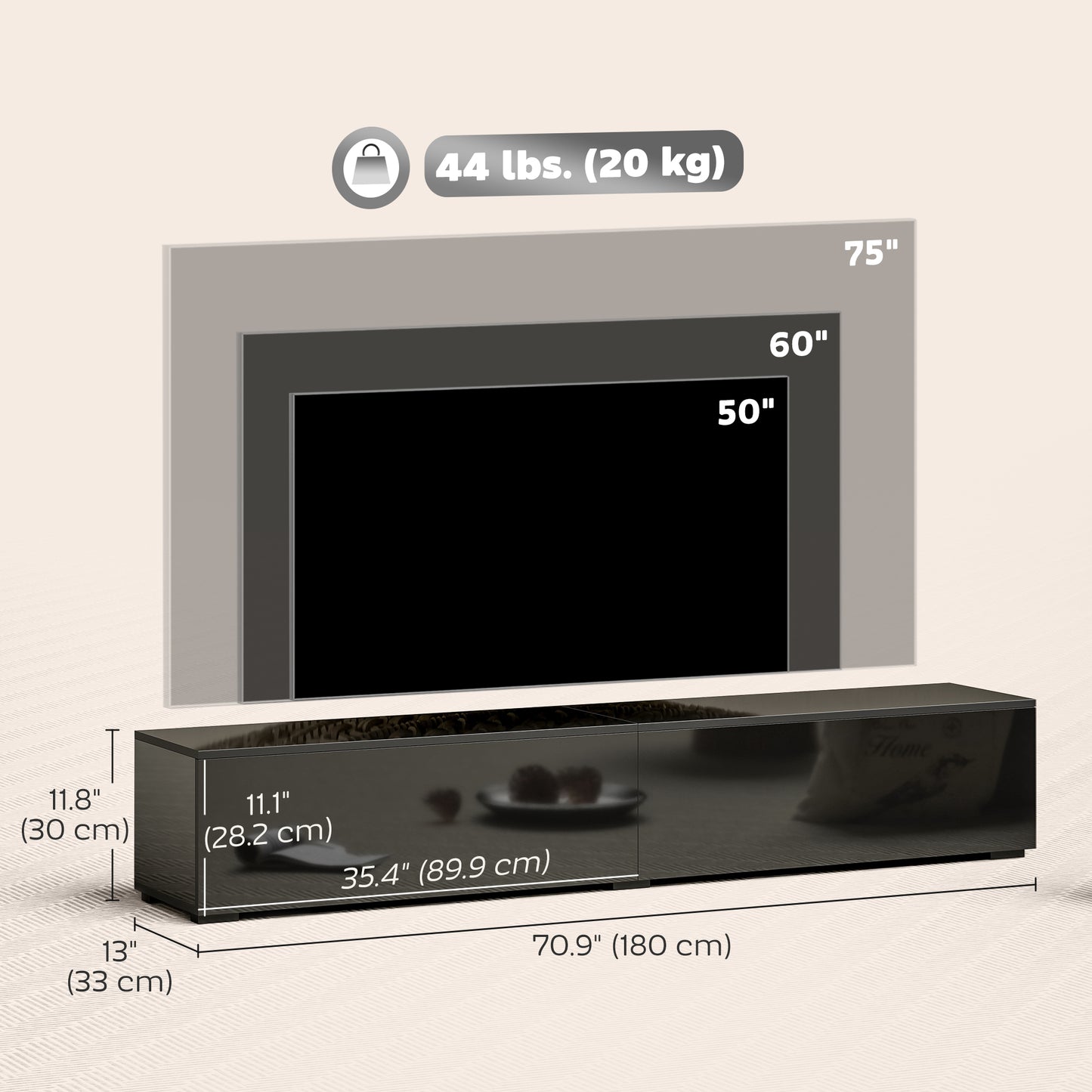 Floating TV Stand for TVs up to 75 Inch, 70.9" TV Cabinet, Entertainment Center with 2 Flip Doors, High Gloss Black