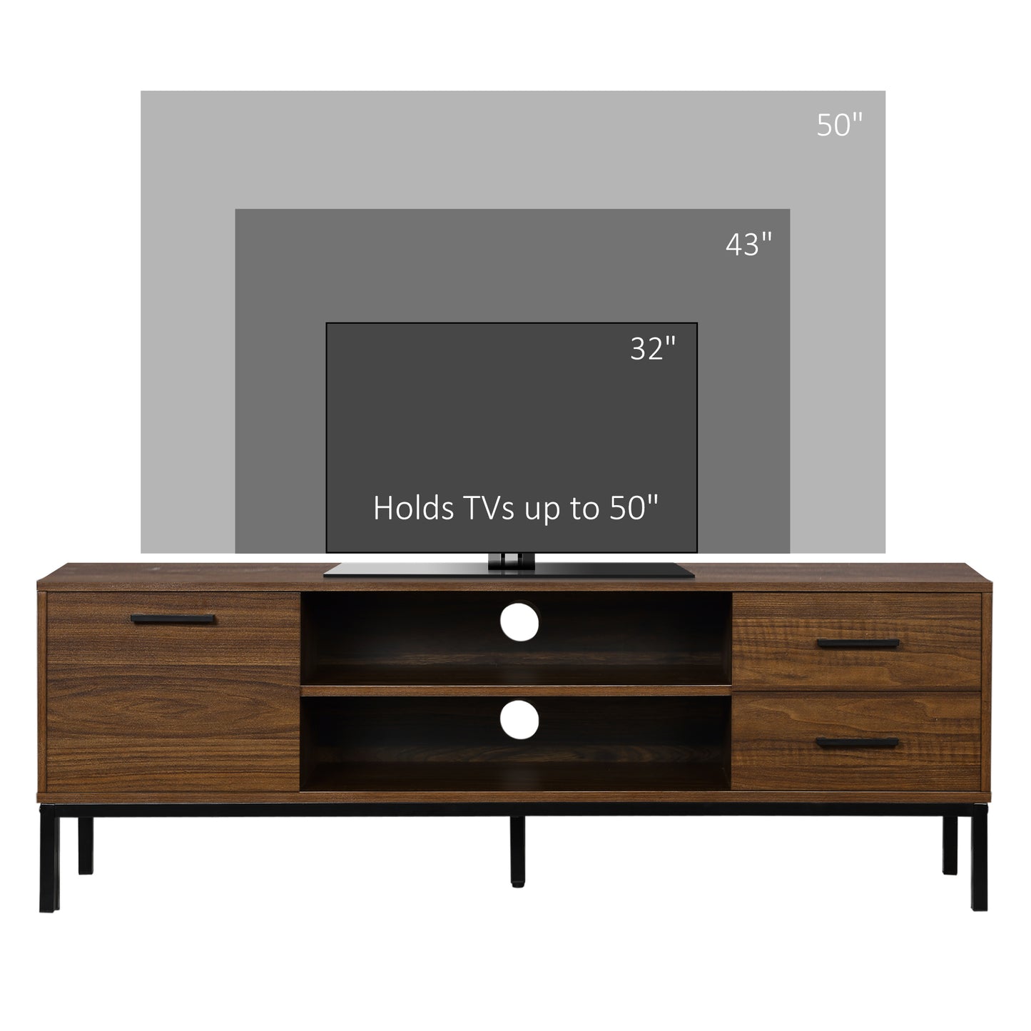 TV Stand for TV up to 50 Inches, TV Cabinet with Door, Open Storage and Drawers, TV Table with Steel Legs, Dark Walunt
