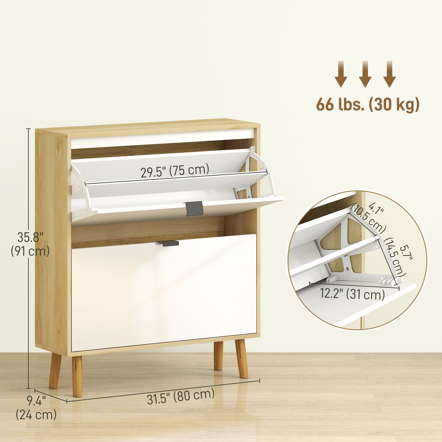 Narrow Shoe Cabinet, High Gloss Shoe Storage Cabinet with 2 Flip Drawers and Adjustable Shelves, Holds 16 Pairs, White